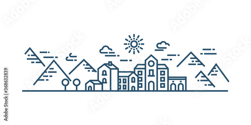 Cityscape. Building, House, Mountain, Tree, Sun, Clouds. Landscape in modern flat line style. Vector illustration.