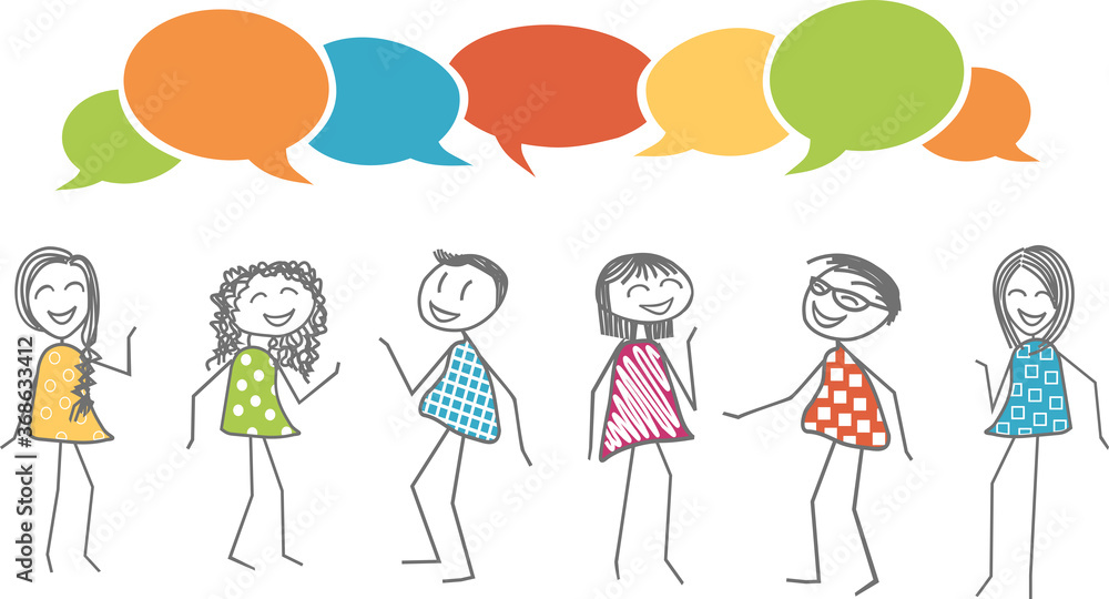 A group of men and women are talking to each other with empty dialogue bubbles above them A group of men and women are talking to each other with empty dialogue bubbles above them