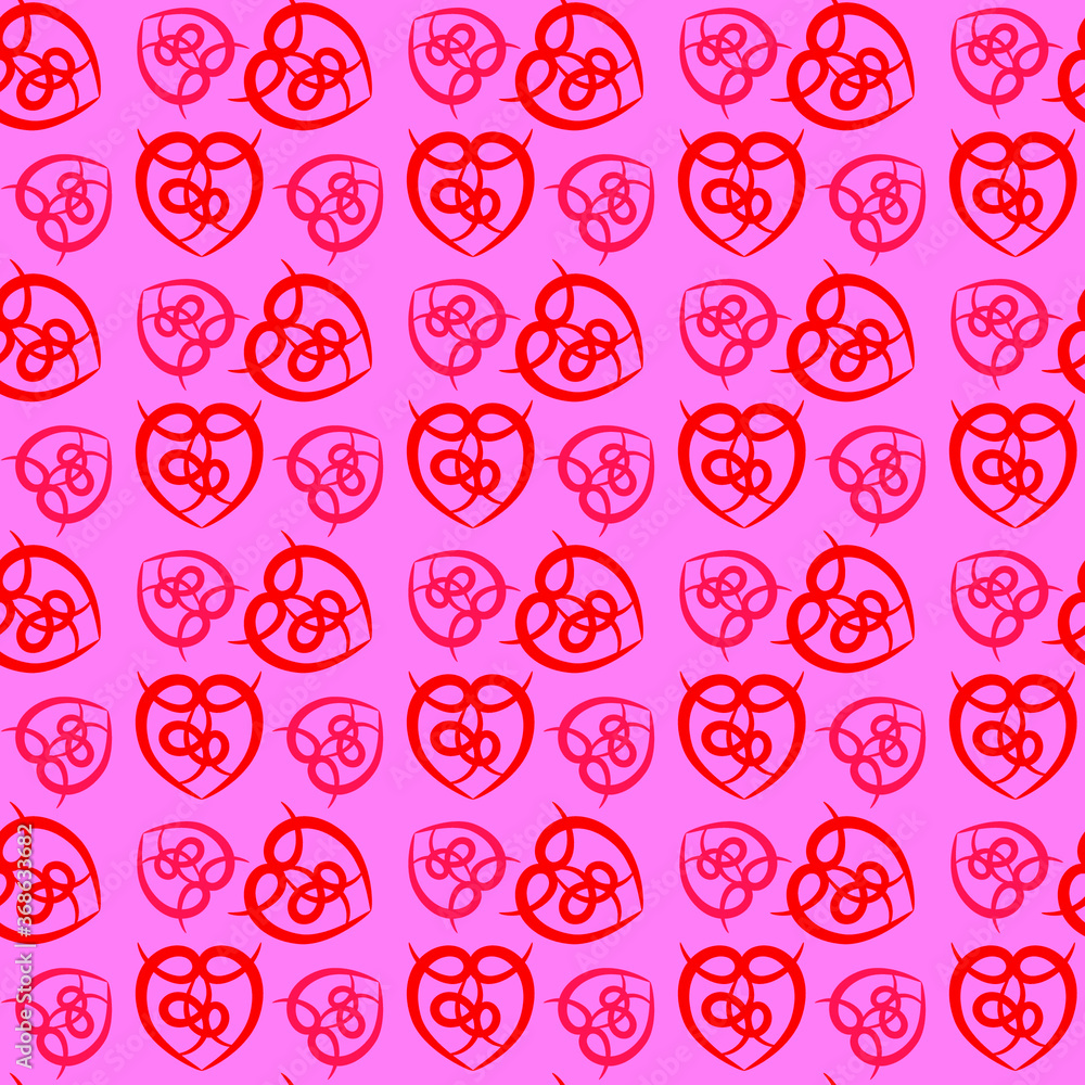 Abstract red hearts background on pink valentines day, seamless pattern, vector