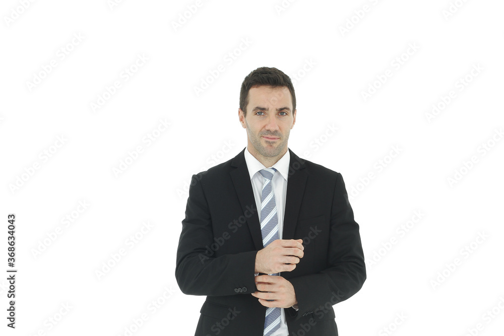 Handsome and smart businessman in black suit isolated on white background. Copy Space Handsome and smart businessman in black suit isolated on white background. Copy Space