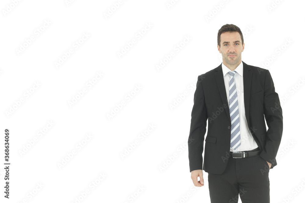 Handsome and smart businessman in black suit isolated on white background. Copy Space Handsome and smart businessman in black suit isolated on white background. Copy Space