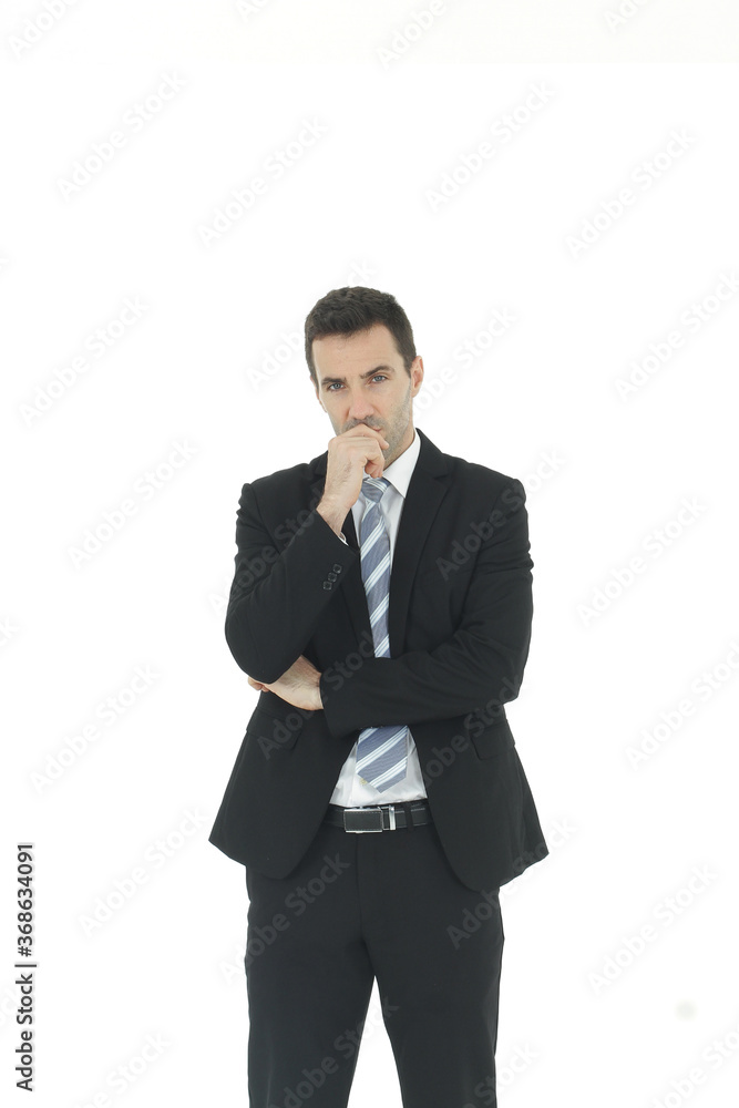Handsome and smart businessman in black suit Serious and hard thinking isolated on white background. Business and Finance concept. Copy Space Handsome and smart businessman in black suit Serious and hard thinking isolated on white background. Business and Finance concept. Copy Space