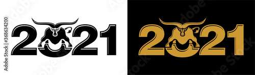 2021 year Logo design. Chinese new year of ox. Metal ox horoscope sign. New year symbol. Flat vector Ox sign isolated on transparent and black  background