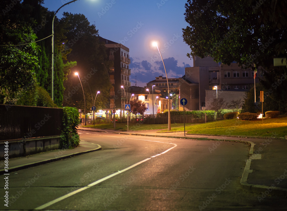 urban night scene in the metropolitan city of Milan, Lombardy. Italy