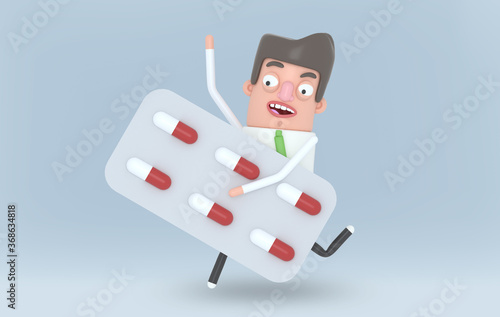 Man running holding a big pill blíster. Background.3d illustration. Isolate photo