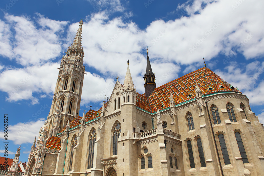 The close up of St. Matthias Church tower in Budapest