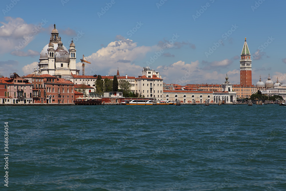 A view of Venice along the Grand Canal with Basilica Santa Maria Della Salute,view from the sea.