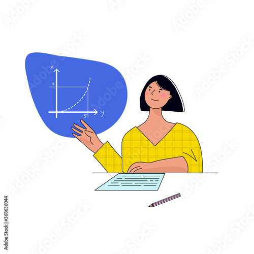 Female teacher on lesson at blackboard in classroom. Teacher with pointer, teacher showing on board. Tutor needs to be enthusiastic and needs to like his subject