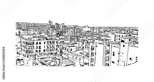 Building view with landmark of Aleppo is a city in Syria, which serves as the capital of the Aleppo Governorate. Hand drawn sketch illustration in vector.