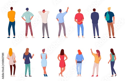 People character. Man and woman view from back set isolated on white background. Young human person diversity. Businesspeople, student, worker set. Vector people standing character illustration photo