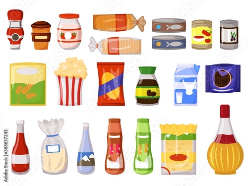 Snack pack. Fastfood, canned food dairy drink, sauce, instant coffee, flour, bread in packet, bag, box, doy pack, bottle, can, sachet isolated set. Supermarket product and snack vector illustration