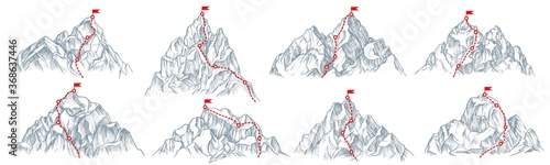 Mountain route set. Isolated climbing mountain route with flag on top icon collection. Mountain peak path, travel direction. Vector business success and goal concept