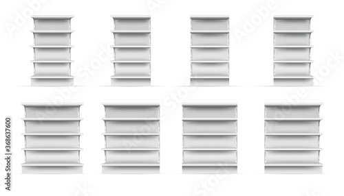 Store shelves set. Isolated empty supermarket store showcase shelf stand icon collection. Realistic blank retail shop display perforated shelves. Vector market and business concept
