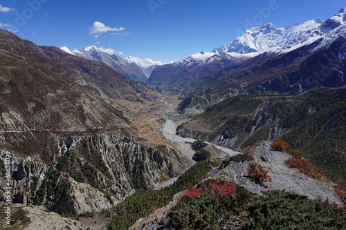 View of Manang valley and Annapurna mountain range from a viewpoint on Tilicho-Yak Kharka trekking trail in Annapurna Circuit, Nepal. © Gaurav Aryal