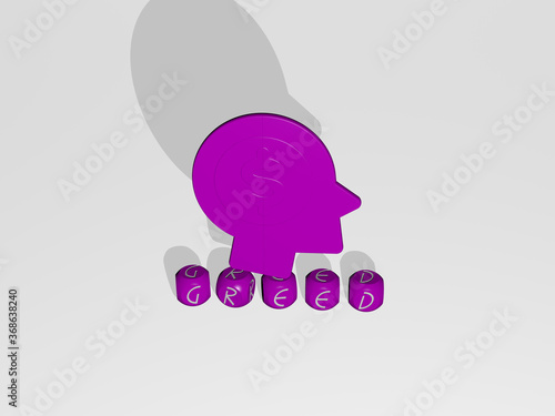 фотографія 3D graphical image of GREED vertically along with text built by metallic cubic letters from the top perspective, excellent for the concept presentation and slideshows