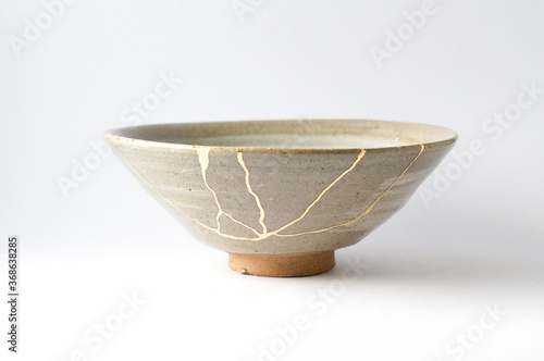 Antique kintsugi, tea pottery set chawan bowl restored with gold.