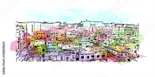 Building view with landmark of Aleppo is a city in Syria, which serves as the capital of the Aleppo Governorate. Watercolor splash with hand drawn sketch illustration in vector.