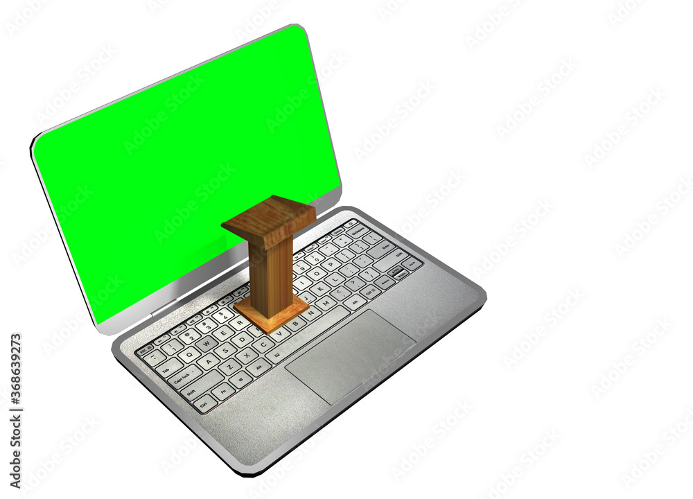 A podium on a laptop with a green background on the monitor. 3d rendering. A podium on a laptop with a green background on the monitor. 3d rendering.