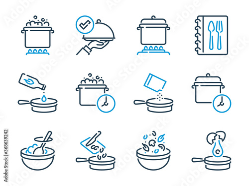 Cooking related vector line icon set. Meal Cooking and Kitchen Equipment outline icons.
