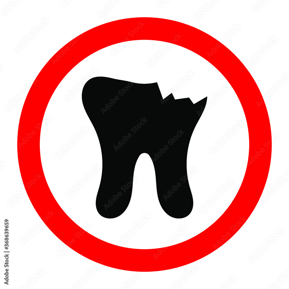 Chipped black tooth on white red round sign, vector Chipped black tooth on white red round sign, vector