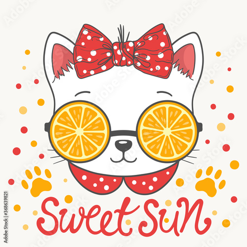 Cute cat girl face with orange sunglasses, footprint. Sweet Sun slogan. Illustration for t-shirt prints, posters and other uses.