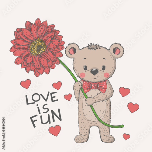 Romantic little bear boy with flower, hearts, place for text. Love is Fun slogan.