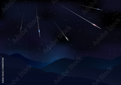 Vector illustration of Meteor Shower. Falling Perseids on dark night sky. Meteor rain, falling glowing comets and stars on mountains backdrop. Sci-fi, scientific, astronomy background with copy space.