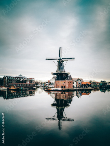 18th-century riverside windmill "De Adriaan" along the river Spaarne in the city of Haarlem