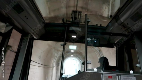 Inside Floyen funicular cabin attraction. Bergen cabin on cloudy grey cold day. Bergen, Norway photo