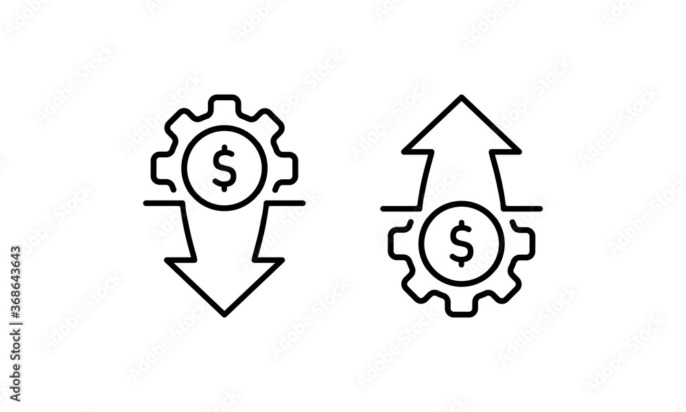 Costs optimization and production efficiency, cost management icon. Reduce, decrease price. Inflation sign. Vector on isolated white background. EPS 10