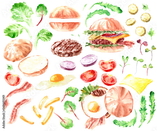 Fototapeta Naklejka Na Ścianę i Meble -  Hand drawn watercolor fast food illustration