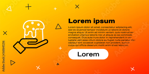 Line Human hand and easter cake icon isolated on yellow background. Happy Easter. Colorful outline concept. Vector Illustration.