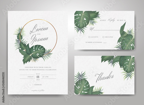 Elegant Wedding Invitation Card Template Set with Tropical Leaves and Watercolor Splash Background