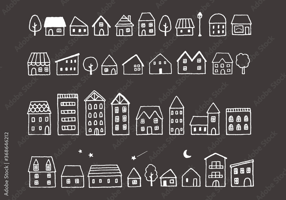 手描きの家 街並みイラスト 黒背景 Stock Vector Adobe Stock