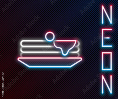 Glowing neon line Stack of pancakes icon isolated on black background. Baking with syrup and cherry. Breakfast concept. Colorful outline concept. Vector Illustration.