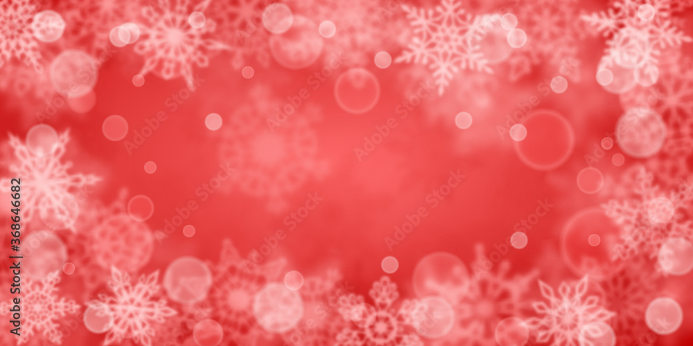 Christmas background of blurry snowflakes in red colors Christmas background of blurry snowflakes in red colors