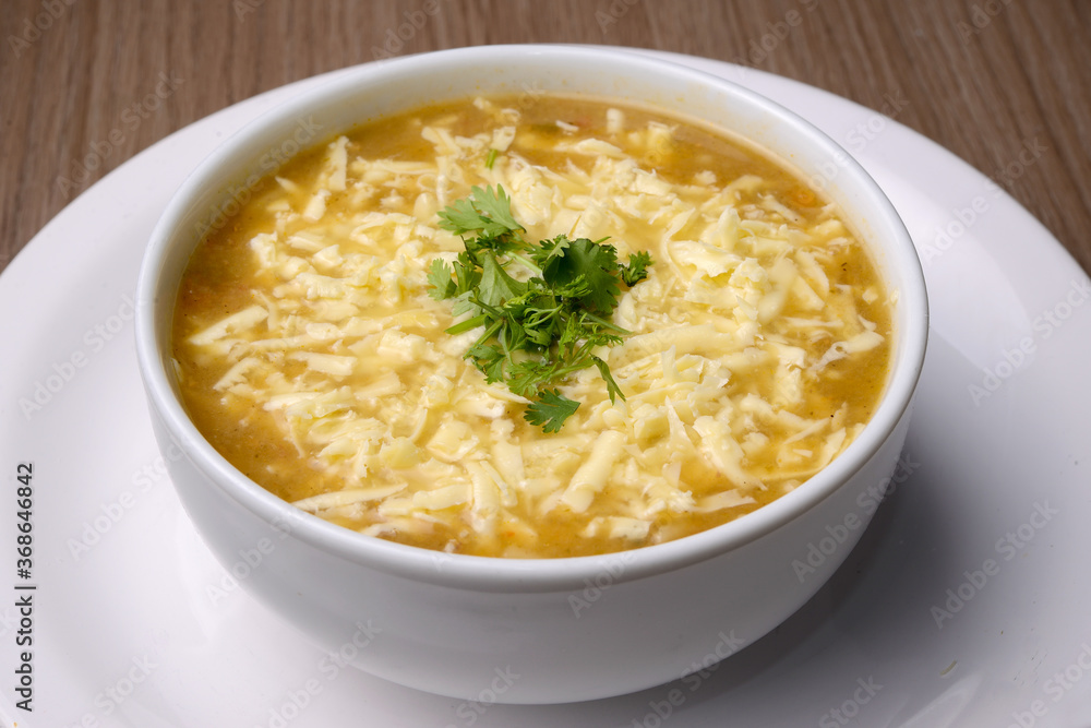 Gastronomy. Vegetable soup with cheese.
