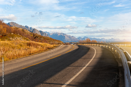 Autumn road in the mountains. Lofoten islands, Norway