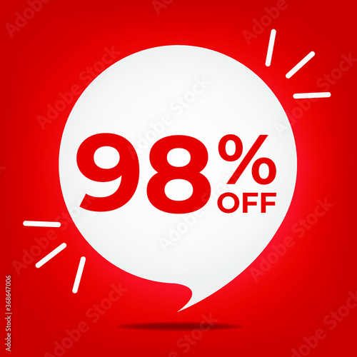 98% off. Banner with ninety-eight percent discount. White bubble on a red background vector.