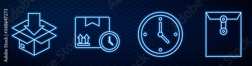 Set line Fast time delivery, Cardboard box with traffic symbol, Cardboard box and fast time, Envelope and Delivery man with cardboard boxes. Glowing neon icon on brick wall. Vector.