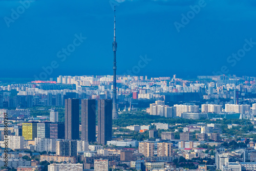 Moscow. Russia. Television tower in the center of Moscow. Panorama of Moscow with a quadcopter. The capital of Russia is a top view. Russian city view from a drone. Trip to Russia. TV tower.