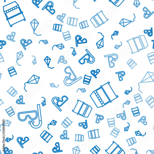 Set line Diving mask and snorkel, Street stall with awning and Kite on seamless pattern. Vector.