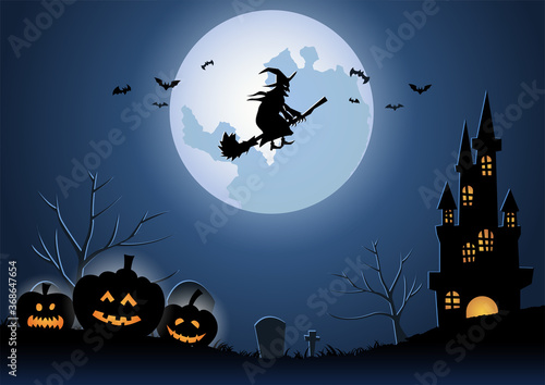 Halloween background with the witch fly by magical broom on midnight