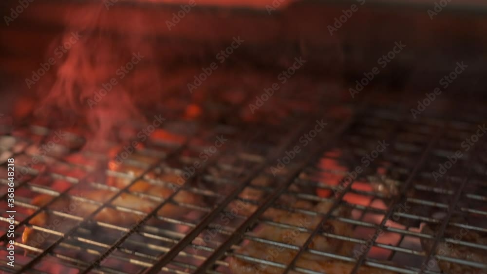 Meat grilling. Сhicken thighs on grill grate. Slow motion Meat grilling. Сhicken thighs on grill grate. Slow motion