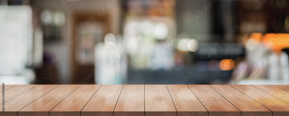 Empty wooden top table with on blur panoramic restaurant background, banner  background, panoramic background Stock Photo | Adobe Stock