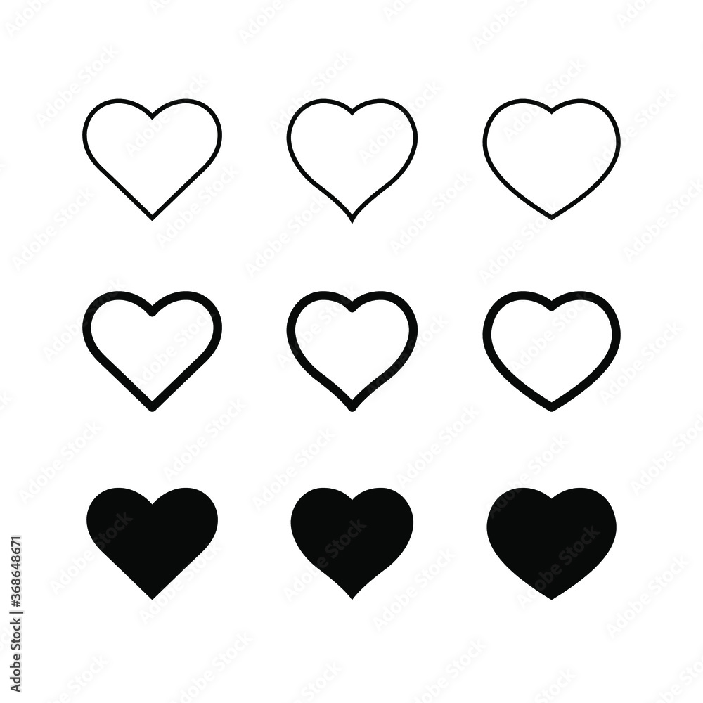 Heart icons, concept of love symbol icon set. Collection of heart illustrations. Silhouette, llinear, thin, grey line, solid. Vector illustration. Design on white background. EPS 10 Heart icons, concept of love symbol icon set. Collection of heart illustrations. Silhouette, llinear, thin, grey line, solid. Vector illustration. Design on white background. EPS 10