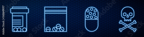 Set line Medicine pill or tablet, Medicine bottle and pills, Plastic bag of drug and Skull on crossbones. Glowing neon icon on brick wall. Vector.