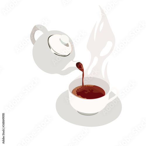 Vector stock illustration of a Cup with a teapot. Pour hot black tea into a Cup and saucer. English tea party. Porcelain service in vintage style. Isolated on a white background.