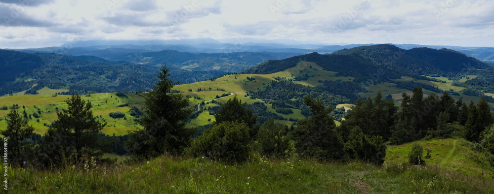 The panorama from the Mount Wysoki Wierch to the Tatras. Pieniny National Park. The Polish-Slovakian border.