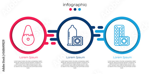 Set line Dildo vibrator, Condom and Birth control pills and condom. Business infographic template. Vector.